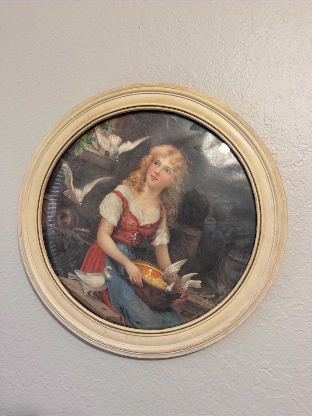 Antique Cinderella Art 19th century bubble glass round frame cottagecore